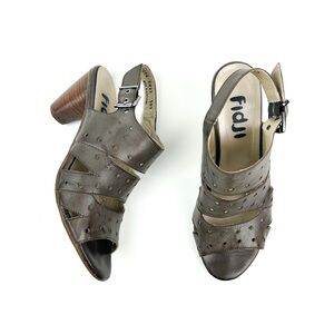Fidji Gray‎ Taupe Perforated Strappy Sandal Wood Heel